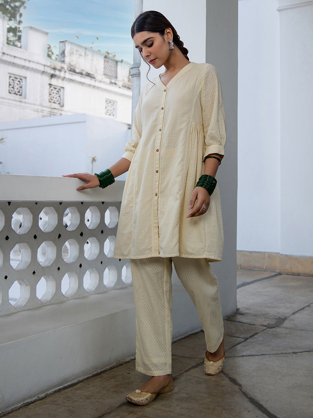 Janasya A-Line Dobby Cotton Cream Self Design V-Neck Tunic & Bottom - Distacart