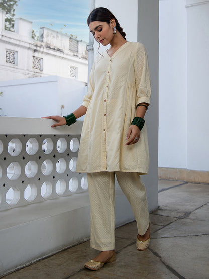Janasya A-Line Dobby Cotton Cream Self Design V-Neck Tunic & Bottom - Distacart