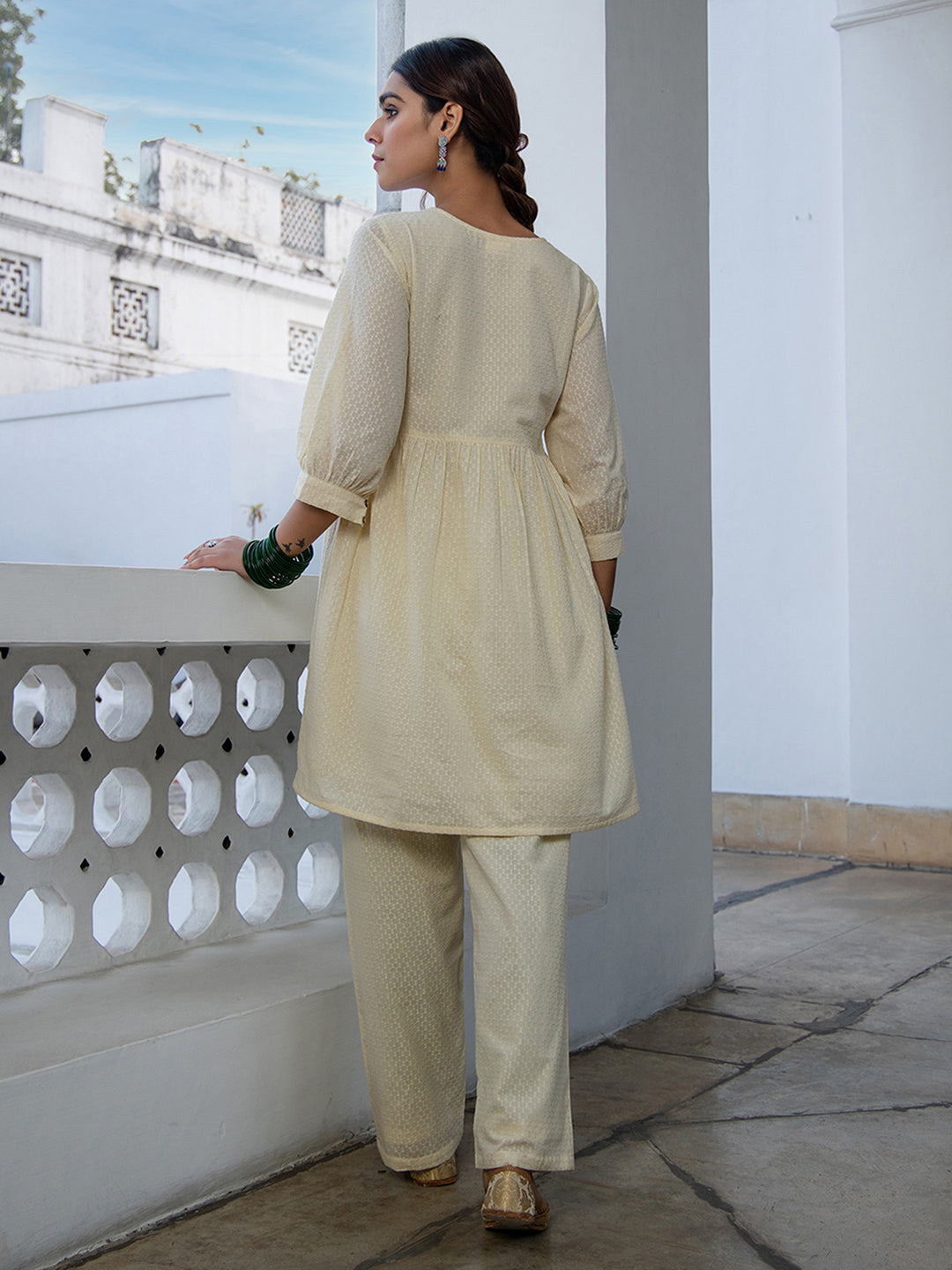 Janasya A-Line Dobby Cotton Cream Self Design V-Neck Tunic & Bottom - Distacart