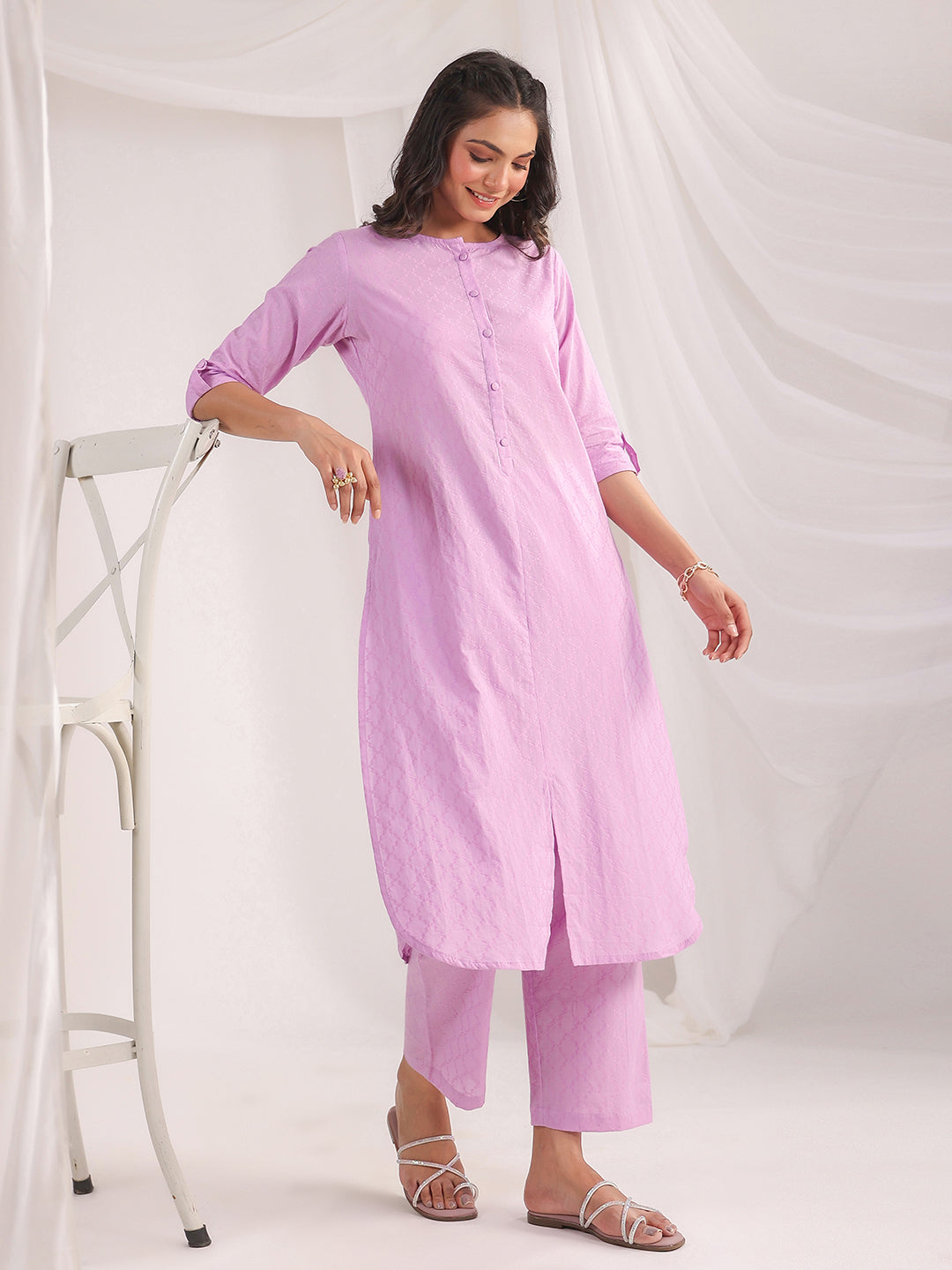 Janasya Straight Jacquard Lavender Self Design Round Neck Co-Ords - Distacart