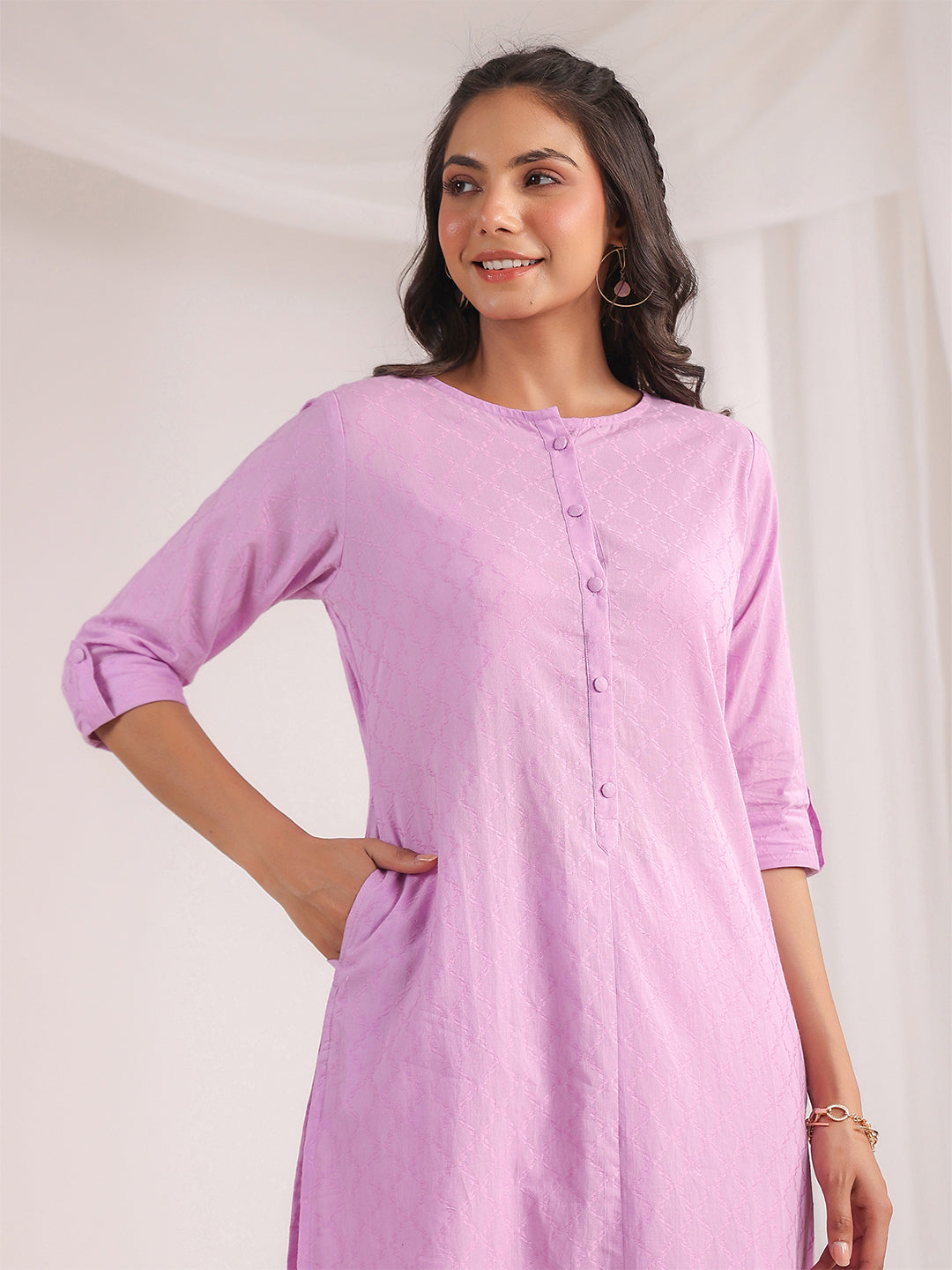 Janasya Straight Jacquard Lavender Self Design Round Neck Co-Ords - Distacart