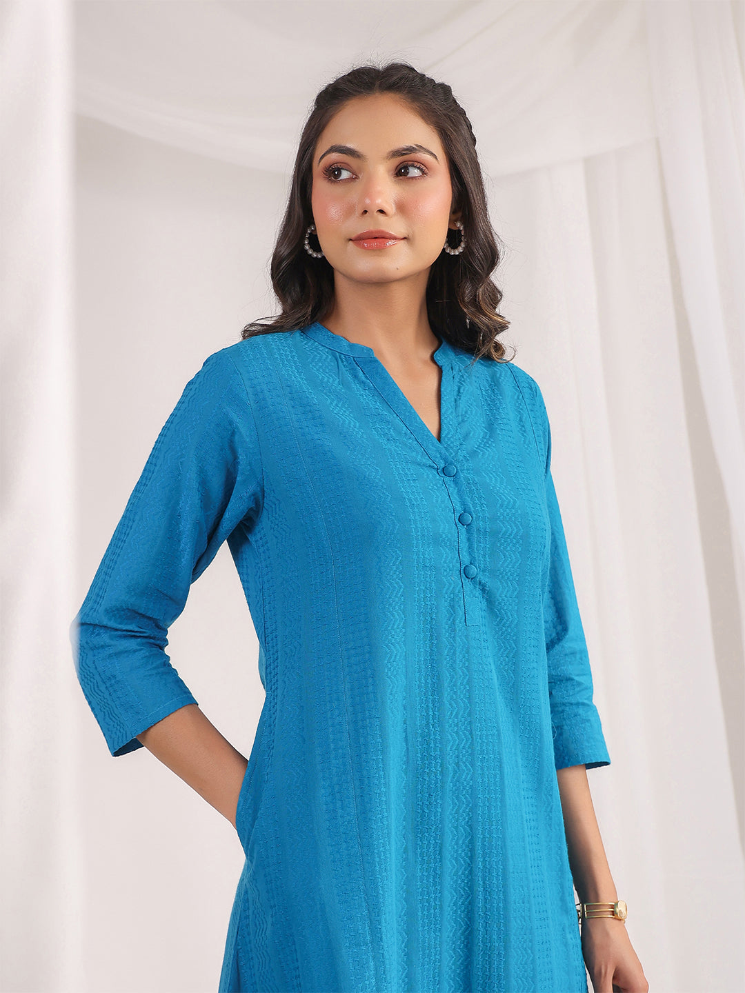 Janasya A-Line Jacquard Teal Solid Band Collar Co-Ords - Distacart