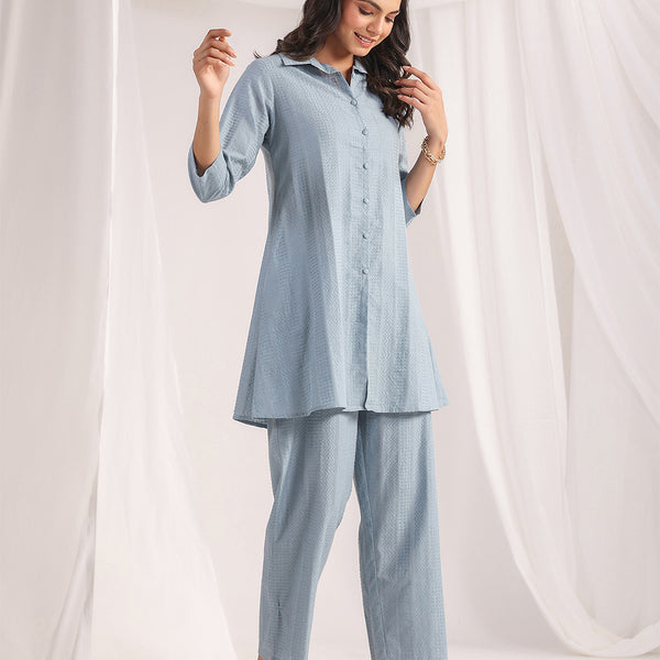 Janasya Light Jacquard Self Design Shirt Top & Bottom Set