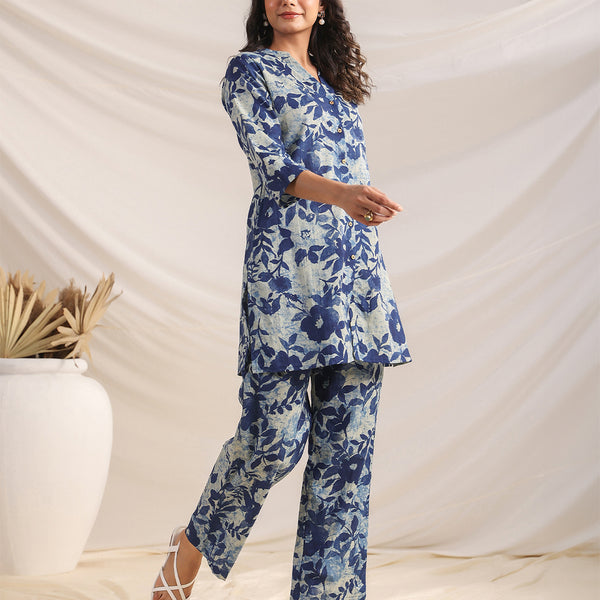 Janasya Dark Cotton Floral Straight Top & Bottom Set