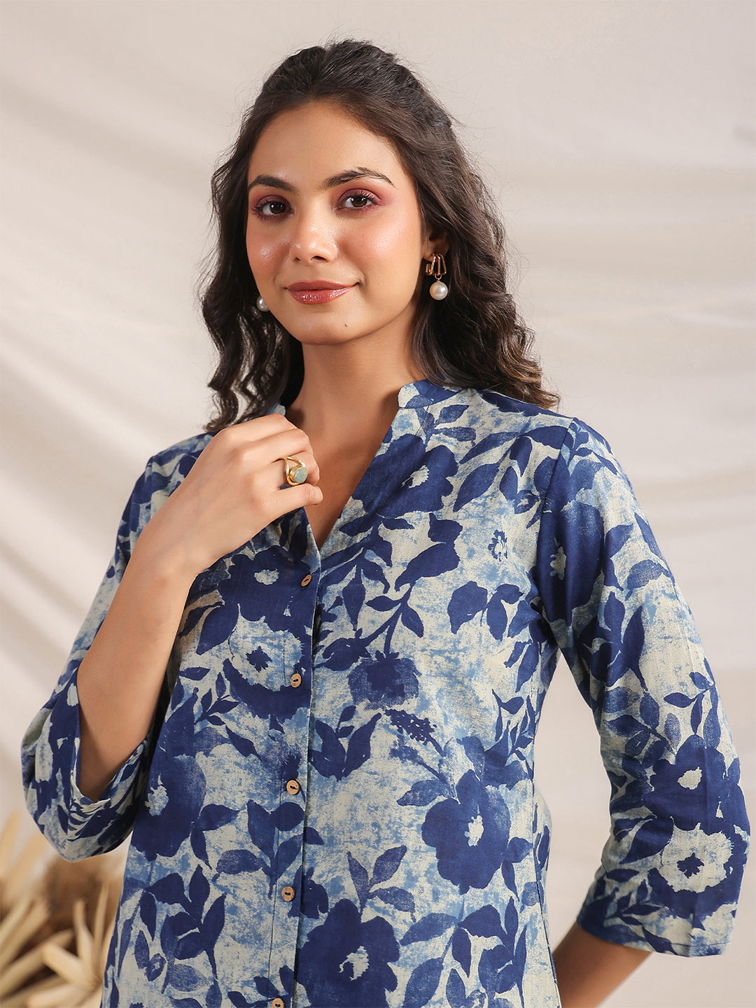 Janasya Dark Cotton Floral Straight Top & Bottom Set