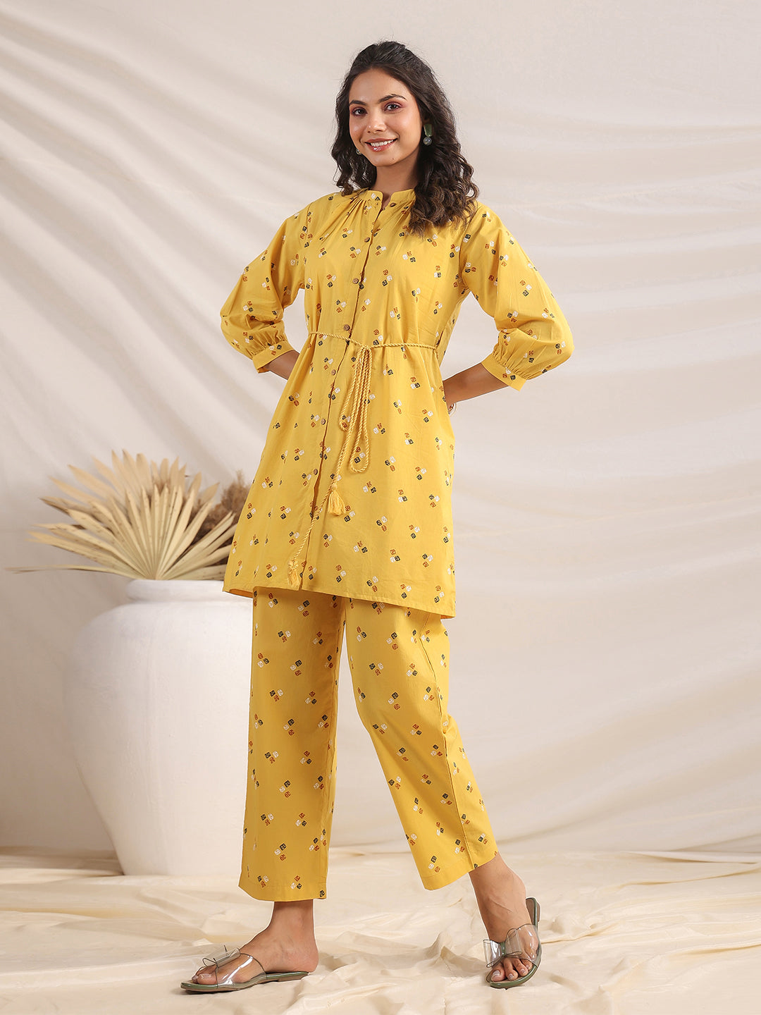 Janasya Gathering Cambric Mustard Geometric Band Collar Co-Ords - Distacart