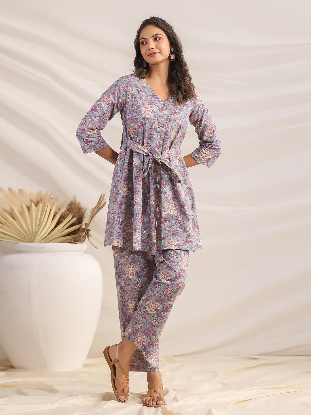 Janasya A-Line Cambric Grey Ethnic Motifs V-Neck Co-Ords - Distacart