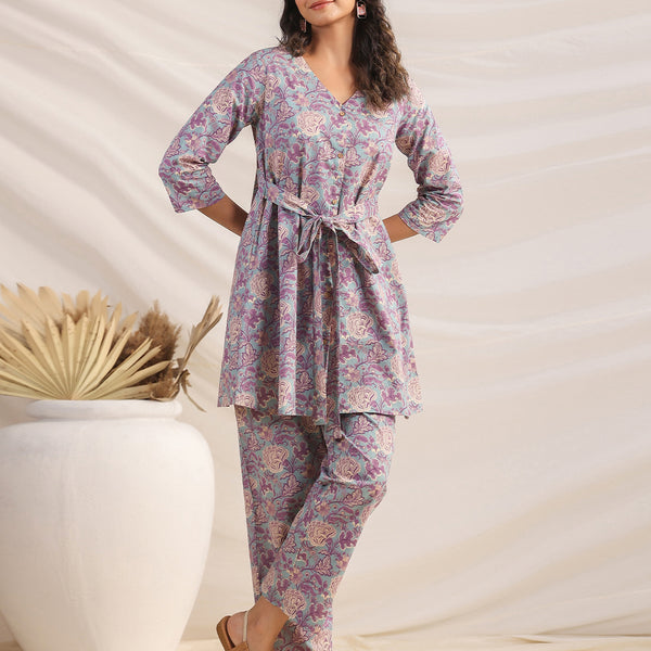 Janasya A-Line Cambric Grey Ethnic Motifs V-Neck Co-Ords - Distacart