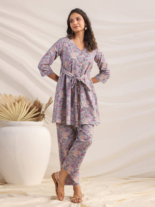 Janasya A-Line Cambric Grey Ethnic Motifs V-Neck Co-Ords - Distacart