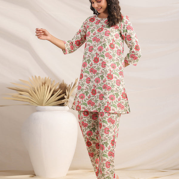 Janasya A-Line Cambric Beige Floral Round Neck Co-Ords - Distacart