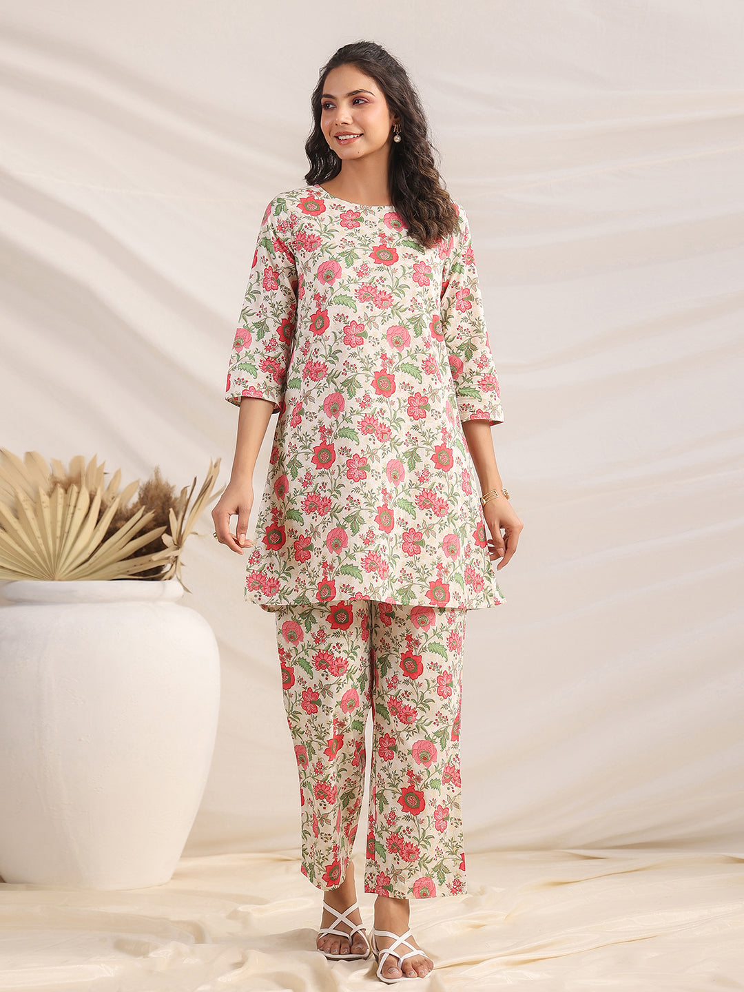 Janasya A-Line Cambric Beige Floral Round Neck Co-Ords - Distacart
