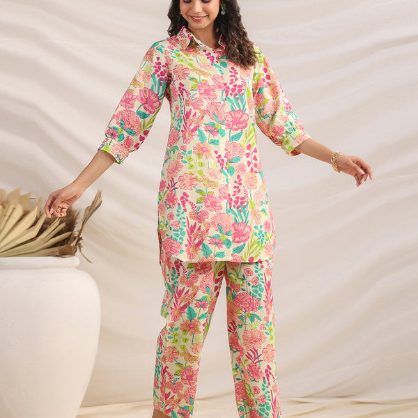 Janasya Multicolour Cambric Floral Co-Ords - Distacart