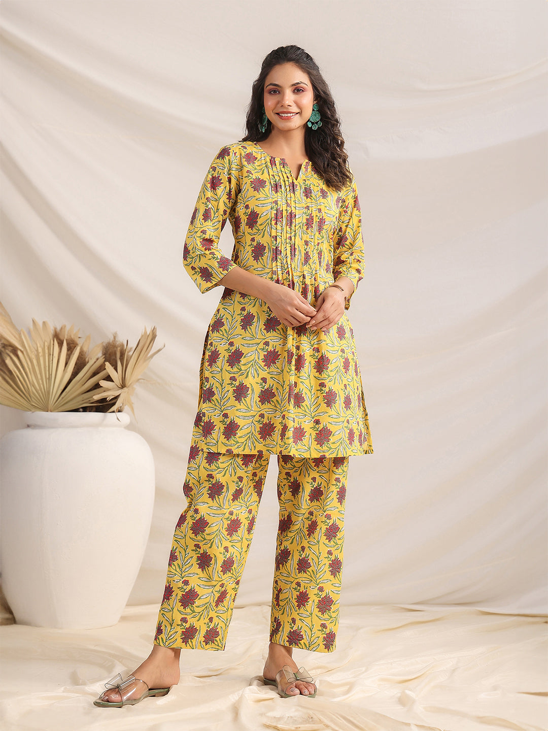 Janasya Pleated Cambric Yellow Floral Notch Neck Co-Ords - Distacart