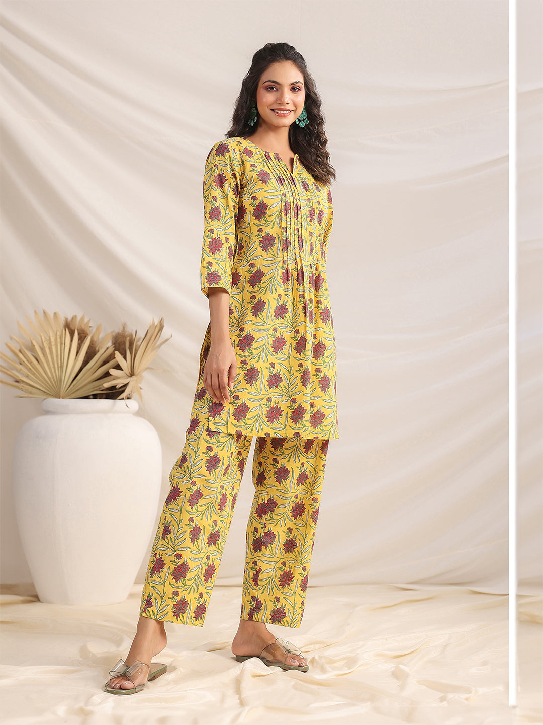 Janasya Pleated Cambric Yellow Floral Notch Neck Co-Ords - Distacart
