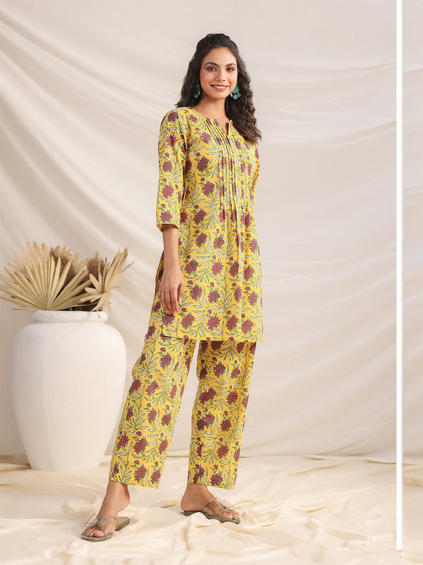 Janasya Bright Cotton Floral Pleated Top & Bottom Set