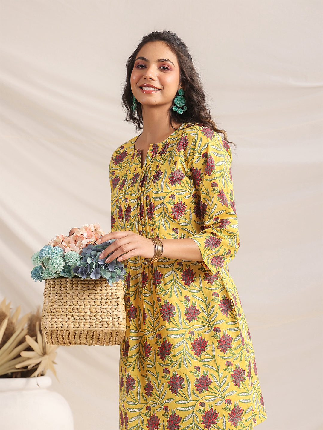 Janasya Bright Cotton Floral Pleated Top & Bottom Set