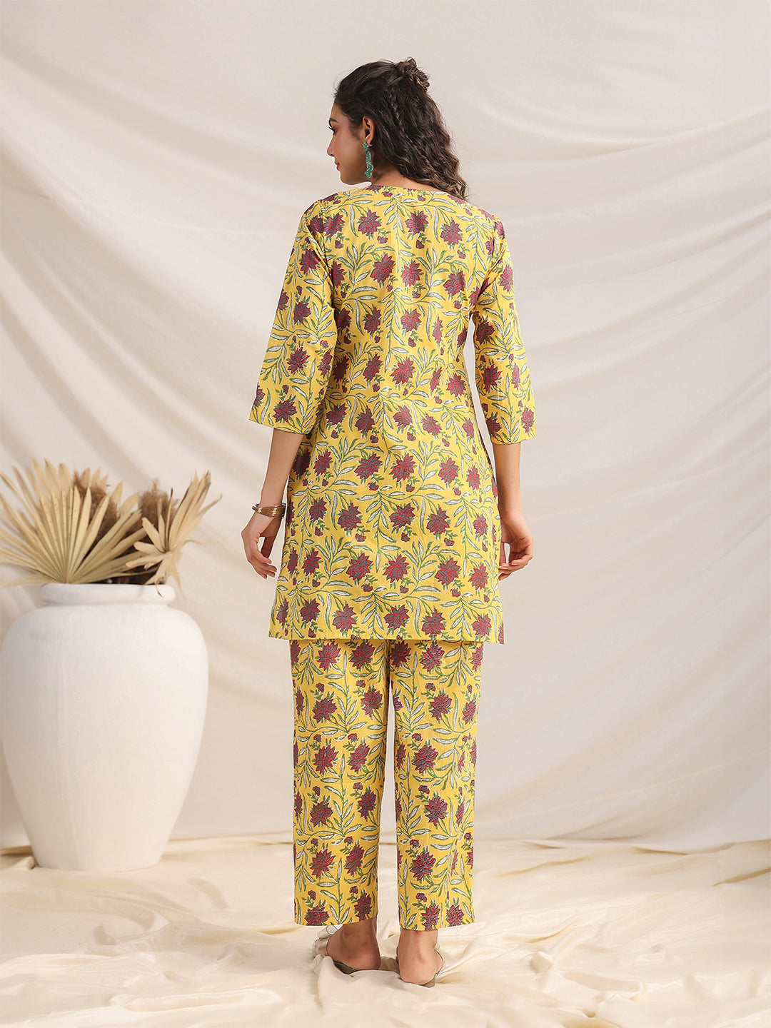 Janasya Bright Cotton Floral Pleated Top & Bottom Set