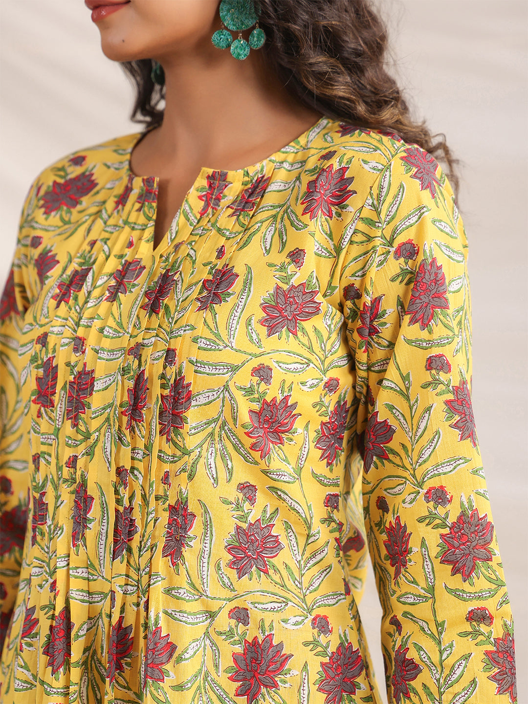Janasya Bright Cotton Floral Pleated Top & Bottom Set