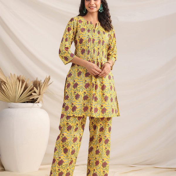 Janasya Bright Cotton Floral Pleated Top & Bottom Set