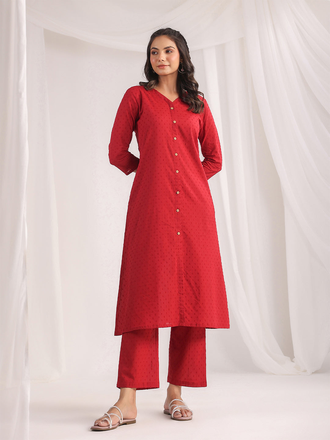 Janasya A-Line Dobby Cotton Maroon Solid V-Neck Co-Ords - Distacart