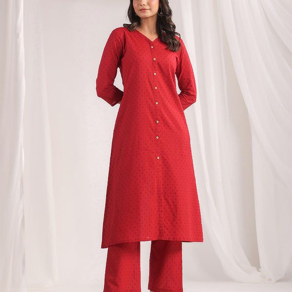 Janasya A-Line Dobby Cotton Maroon Solid V-Neck Co-Ords - Distacart