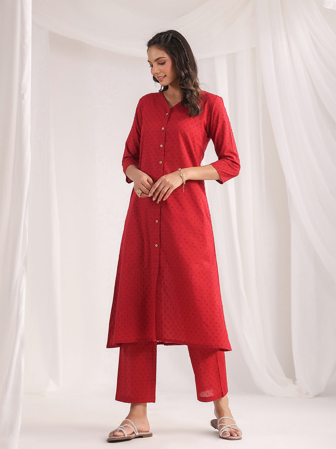 Janasya A-Line Dobby Cotton Maroon Solid V-Neck Co-Ords - Distacart