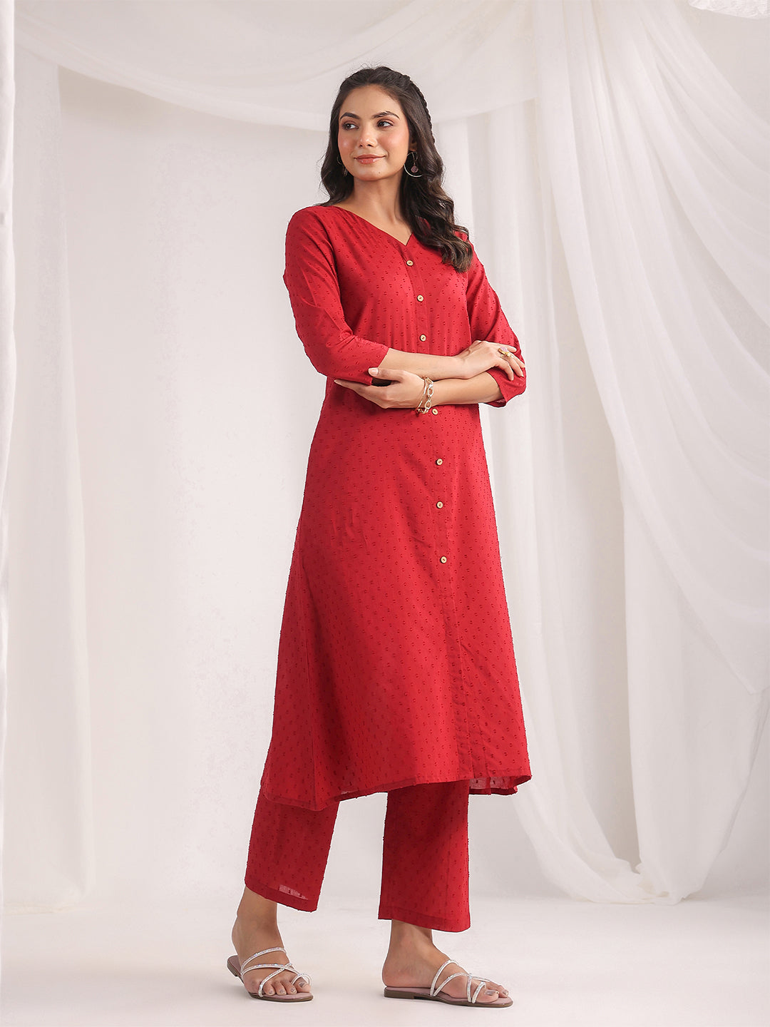 Janasya A-Line Dobby Cotton Maroon Solid V-Neck Co-Ords - Distacart