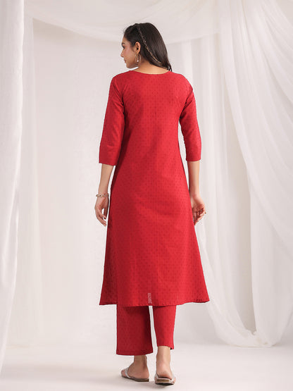 Janasya A-Line Dobby Cotton Maroon Solid V-Neck Co-Ords - Distacart