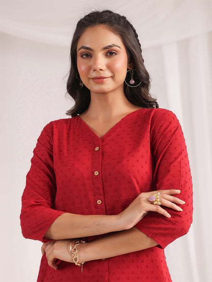 Janasya A-Line Dobby Cotton Maroon Solid V-Neck Co-Ords - Distacart