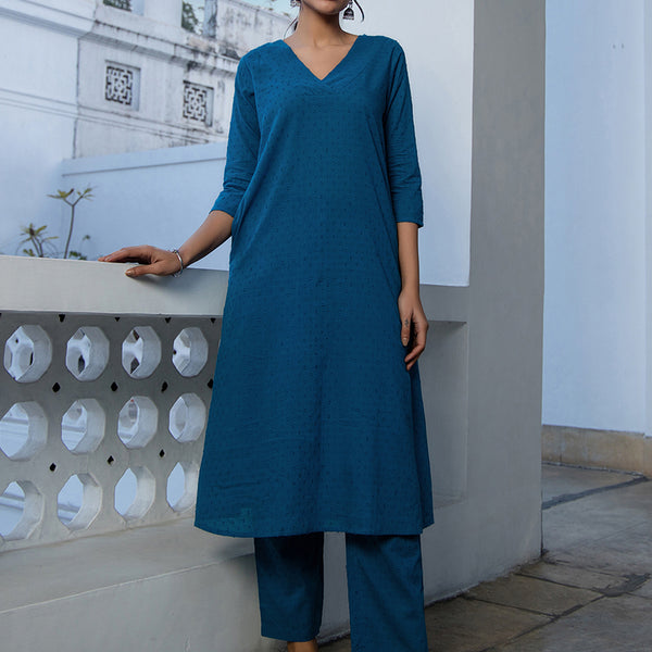 Janasya A-Line Dobby Cotton Teal Self Design V-Neck Co-Ords - Distacart