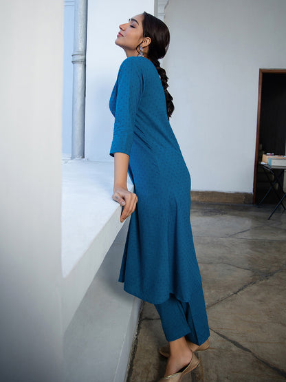 Janasya A-Line Dobby Cotton Teal Self Design V-Neck Co-Ords - Distacart