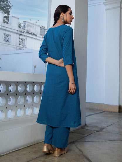 Janasya A-Line Dobby Cotton Teal Self Design V-Neck Co-Ords - Distacart
