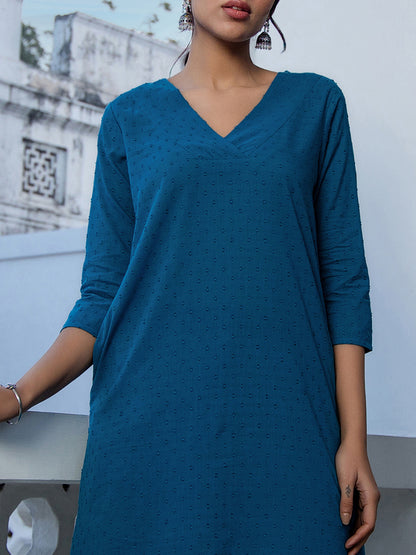 Janasya A-Line Dobby Cotton Teal Self Design V-Neck Co-Ords - Distacart
