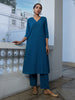 Janasya A-Line Dobby Cotton Teal Self Design V-Neck Co-Ords - Distacart