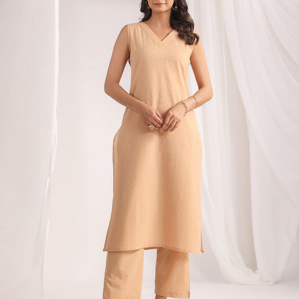 Janasya Straight Dobby Cotton Beige Solid V-Neck Co-Ords - Distacart