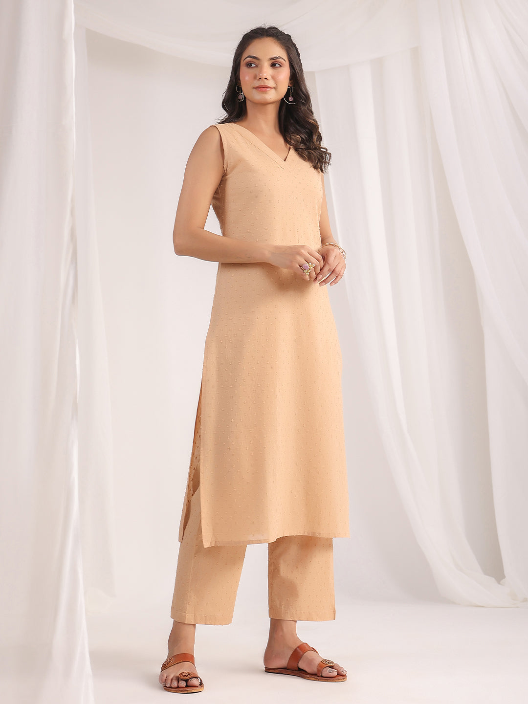 Janasya Straight Dobby Cotton Beige Solid V-Neck Co-Ords - Distacart