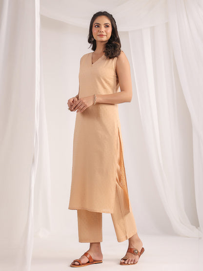 Janasya Straight Dobby Cotton Beige Solid V-Neck Co-Ords - Distacart