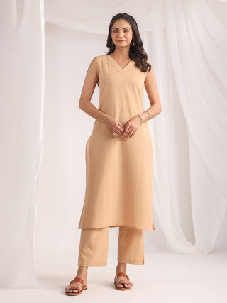 Janasya Straight Dobby Cotton Beige Solid V-Neck Co-Ords - Distacart