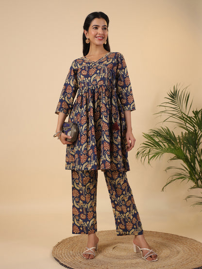 Janasya Navy Blue Cambric Ethnic Motifs Co-Ords - Distacart