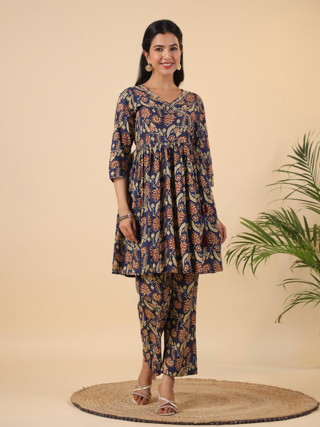 Janasya Navy Blue Cambric Ethnic Motifs Co-Ords - Distacart