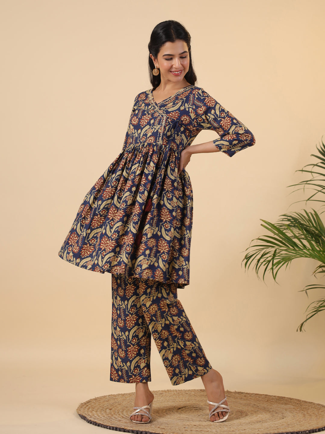 Janasya Navy Blue Cambric Ethnic Motifs Co-Ords - Distacart