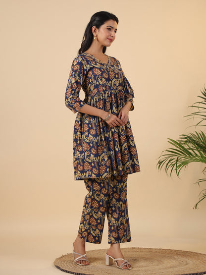 Janasya Navy Blue Cambric Ethnic Motifs Co-Ords - Distacart