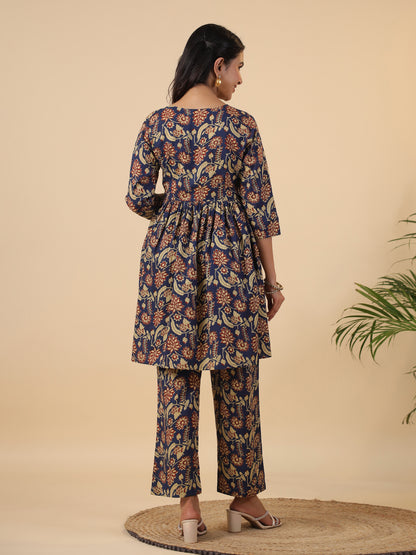 Janasya Navy Blue Cambric Ethnic Motifs Co-Ords - Distacart