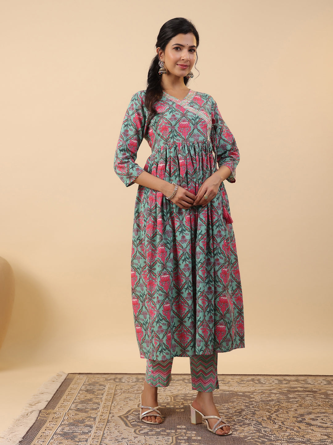 Janasya Green Cambric Ethnic Motifs Co-Ords - Distacart