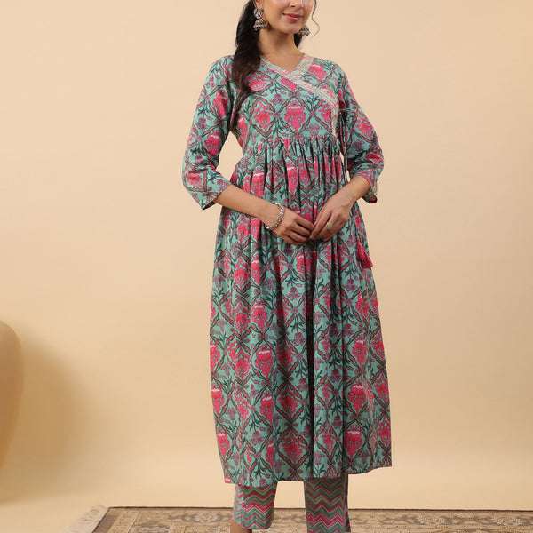 Janasya Green Cambric Ethnic Motifs Co-Ords - Distacart