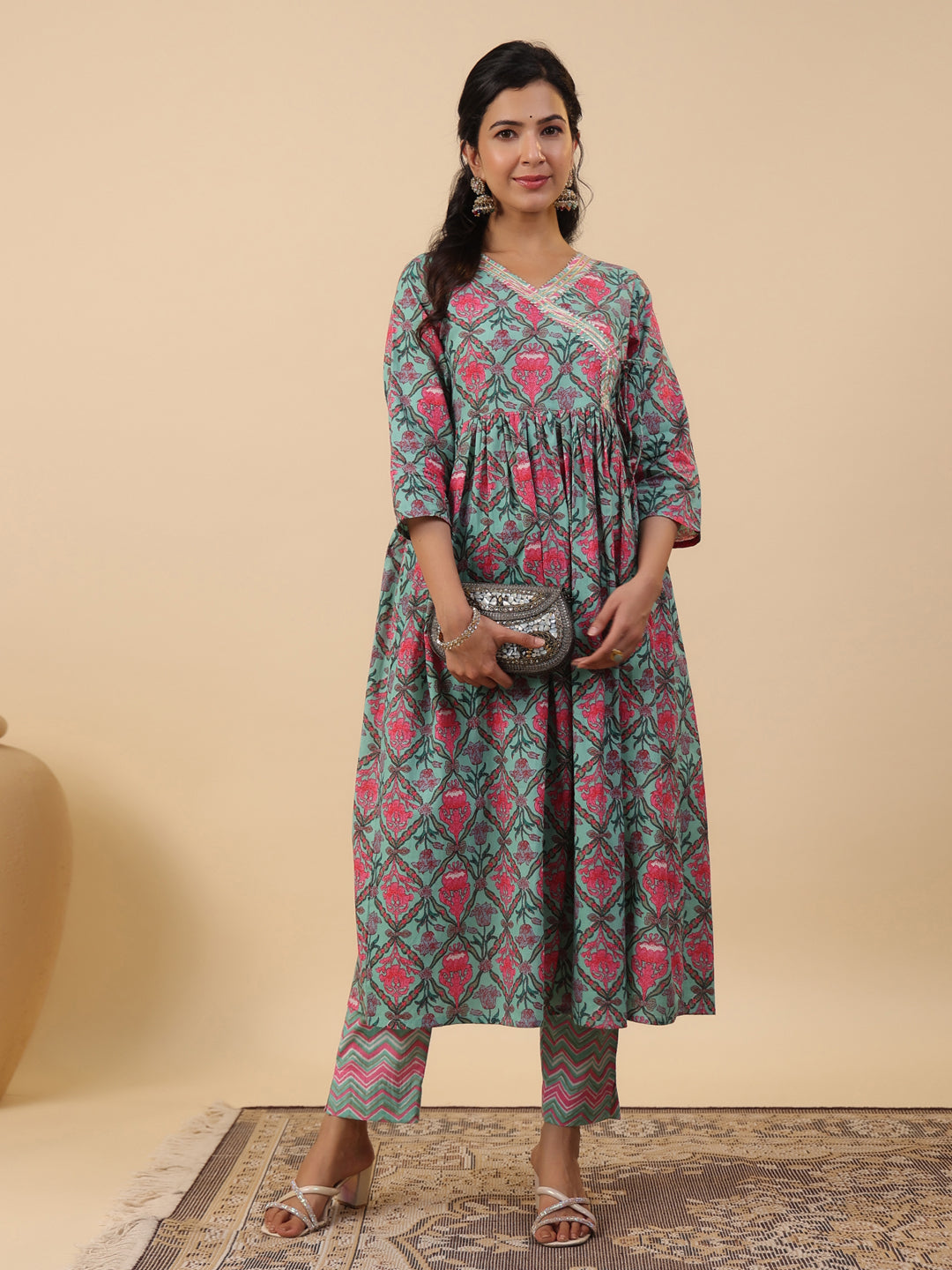 Janasya Green Cambric Ethnic Motifs Co-Ords - Distacart