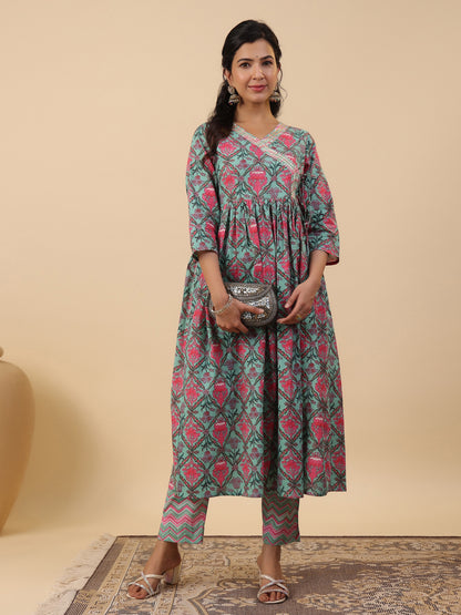 Janasya Green Cambric Ethnic Motifs Co-Ords - Distacart