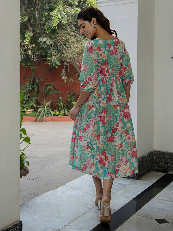 Janasya From Style Master Cotton Floral Fit & Flare Dress
