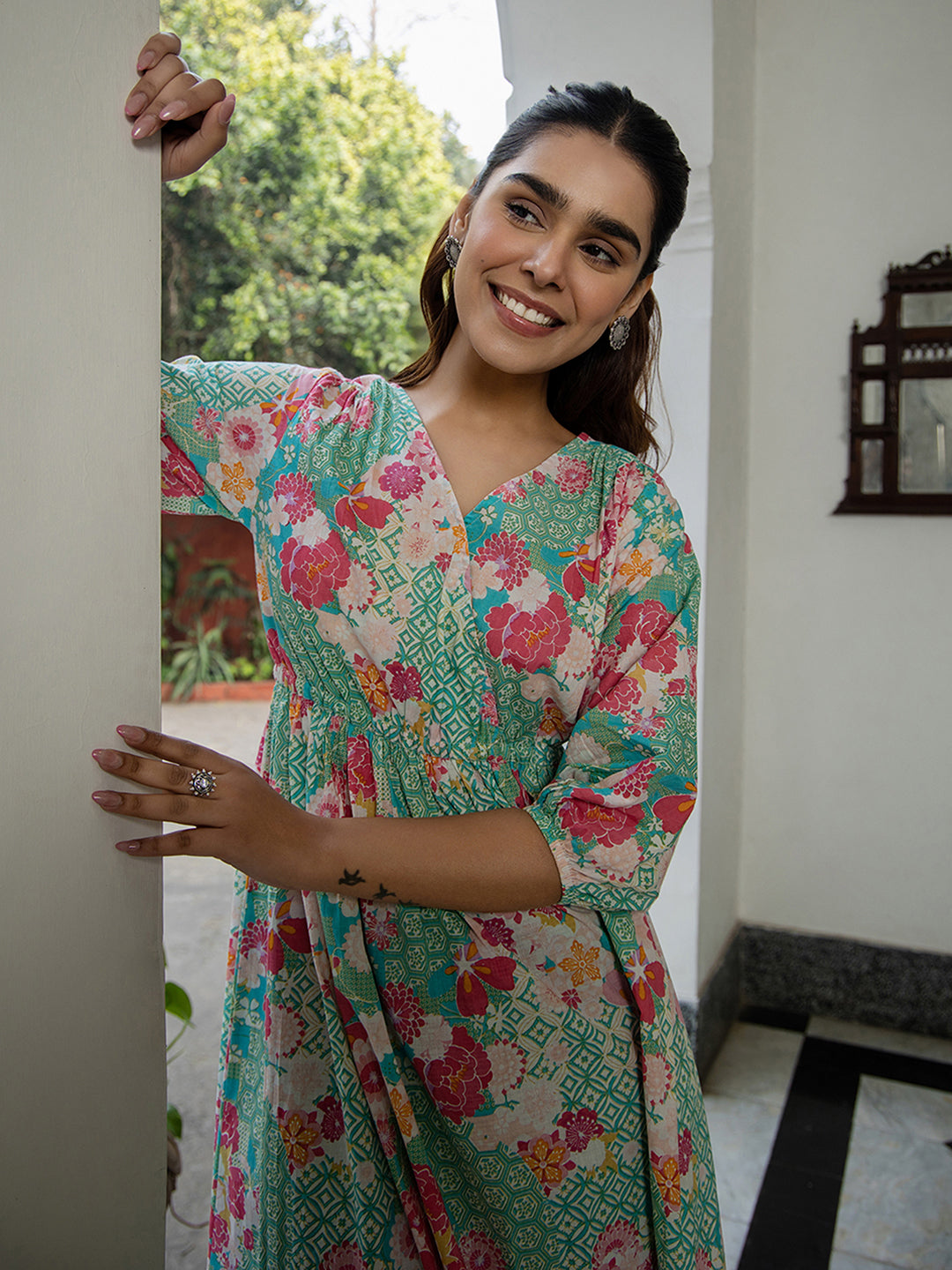 Janasya From Style Master Cotton Floral Fit & Flare Dress