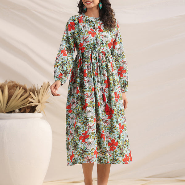 Janasya Pleated Cambric Blue Floral Band Collar Dress - Distacart